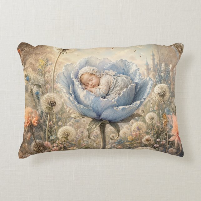 Coussins Décoratifs Bébé endormi dans une fleur bleue  (Devant)