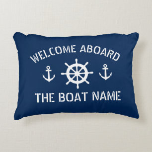 Coussins Décoratifs Bienvenue à bord nom du bateau ancre nautique bleu