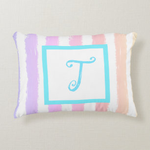 Coussins Décoratifs Bleu Monogramme rose pourpre Aquarelle rayures