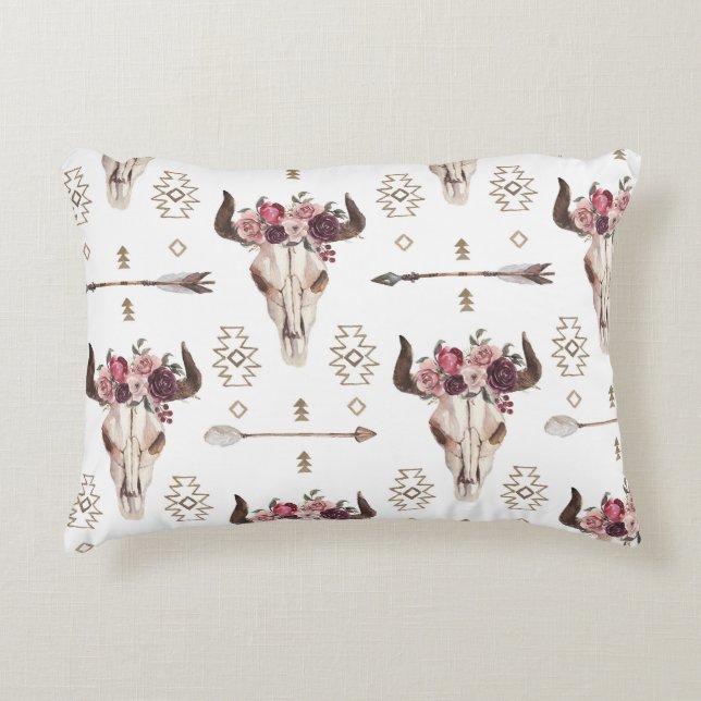 Coussins Décoratifs Boho aquarelle : flèches, motif crâne. (Devant)