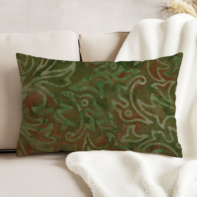 Coussins Décoratifs Boho Batik Motif de feuillage vert et rouille (Créateur téléchargé)
