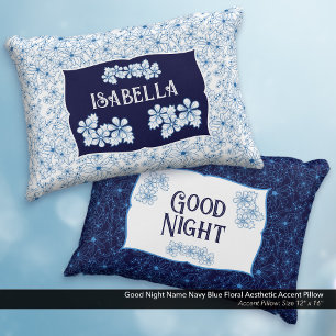 Coussins Décoratifs Bonne Nuit Nom Bleu Marine Floral Esthétique