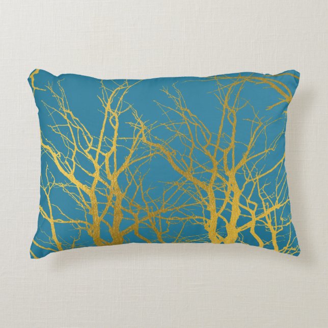 Coussins Décoratifs Branches Gold Tree Motif Arrière - plan bleu (Devant)