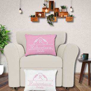 Coussins Décoratifs Cadre Rose Bébé Nom de Famille Monogramme Partagé
