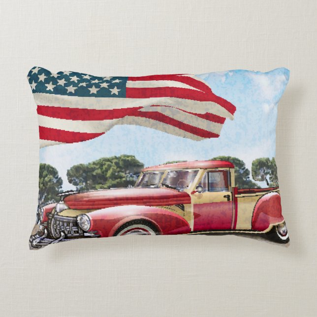 Coussins Décoratifs Camion de ramassage rouge : Drapeau américain Vint (Devant)