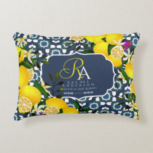 Coussins Décoratifs Carreaux Méditerranéens Citron Bleu Nuit Blanc