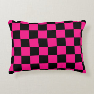 Coussins Décoratifs Carrés à carreaux rose vif noir géométrique rétro