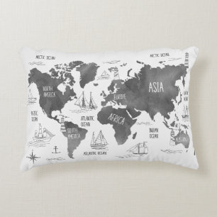 Coussins Décoratifs Carte du monde artistique noir blanc nautique