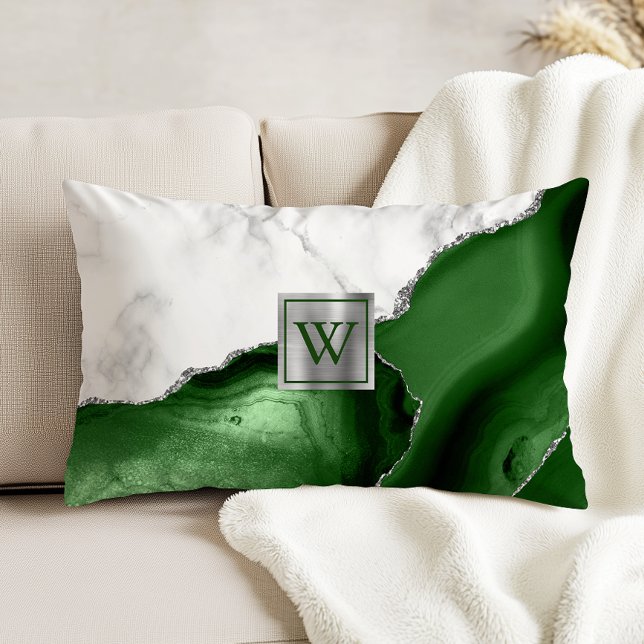 Coussins Décoratifs Chasseur de marbre blanc Agate verte Monogramme ar (Créateur téléchargé)