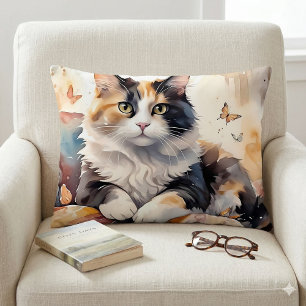 Coussins Décoratifs Chat calicot aquarelle fantaisiste et papillons