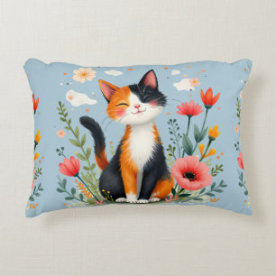 Coussins Décoratifs Chat calicot souriant dans un jardin fleuri