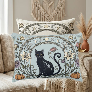 Coussins Décoratifs Chat Noir Art Botanique Pastel Vert Lune Croissant