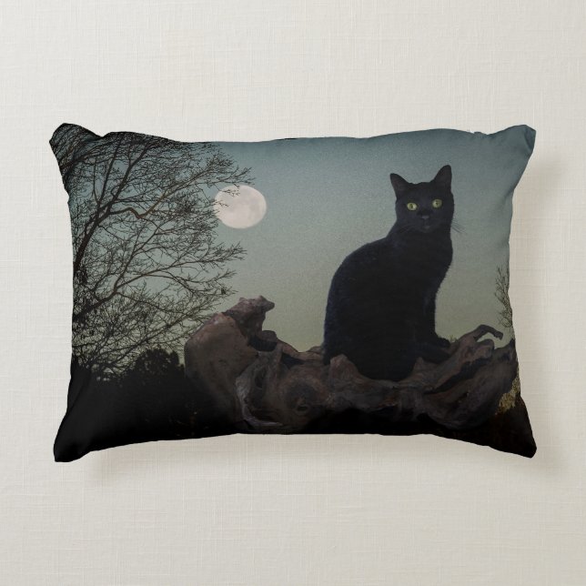 Coussins Décoratifs Chat noir avec lune sur le membre de l'arbre (Devant)
