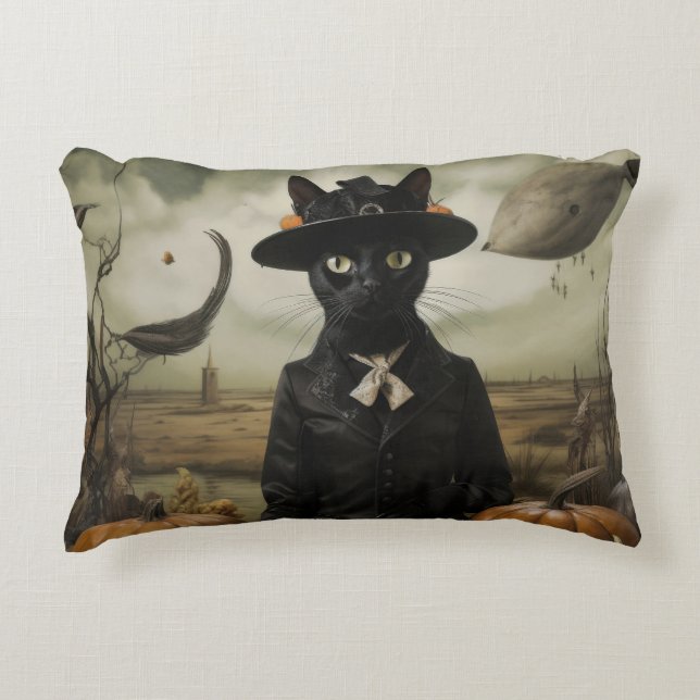 Coussins Décoratifs Chat Sorcière avec Citrouilles  (Devant)