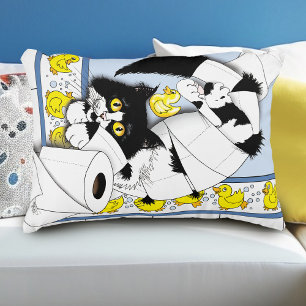 Coussins Décoratifs Chat Tuxedo Joueur Papier Toilette Chaos Bleu Jaun