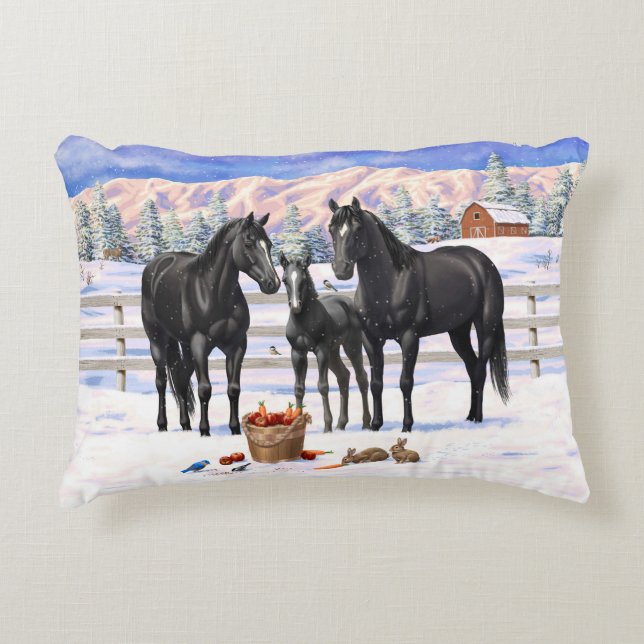 Coussins Décoratifs Chevaux Du Quartier Noir En Neige (Devant)