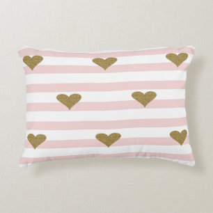 Coussins Décoratifs Chic Faux Gold Glittery Hearts Pink Stripes