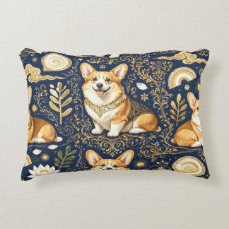 Coussins Décoratifs Chiens Corgi Élégants Or Damassé Bleu Nuit