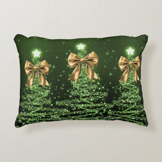 Coussins Décoratifs Christmas Sparkling Trees Green Faux Gold Bow  (Devant)