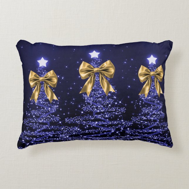 Coussins Décoratifs Christmas Sparkling Trees Navy Blue Faux Gold Bow  (Devant)