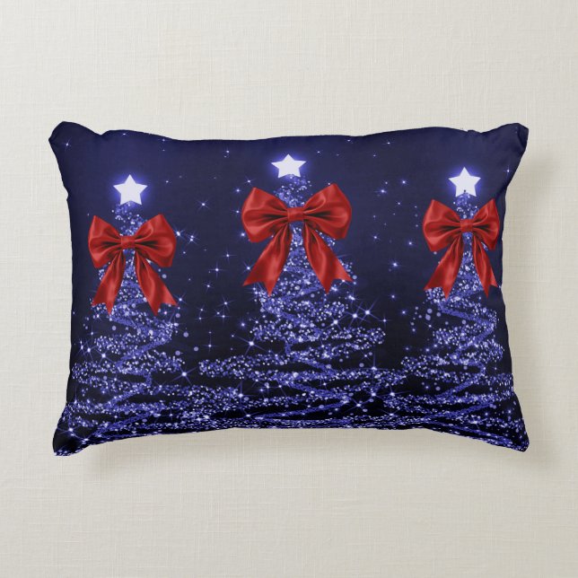 Coussins Décoratifs Christmas Sparkling Trees Navy Blue Faux Red Bow  (Devant)