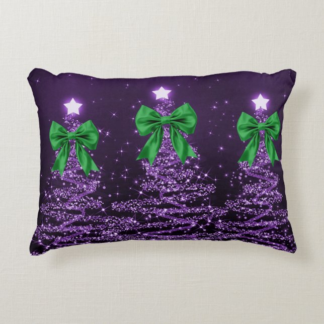 Coussins Décoratifs Christmas Sparkling Trees Purple Faux Green Bow  (Devant)