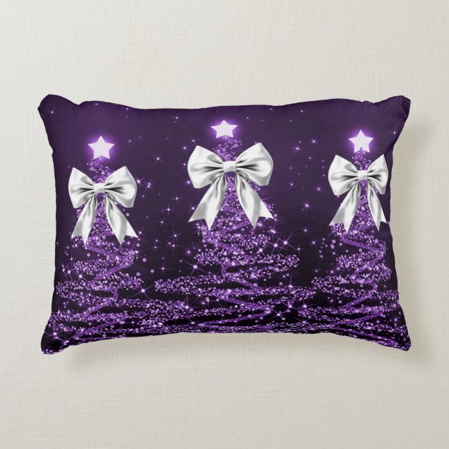 Coussins Décoratifs Christmas Sparkling Trees Purple Faux Silver Bow  (Devant)
