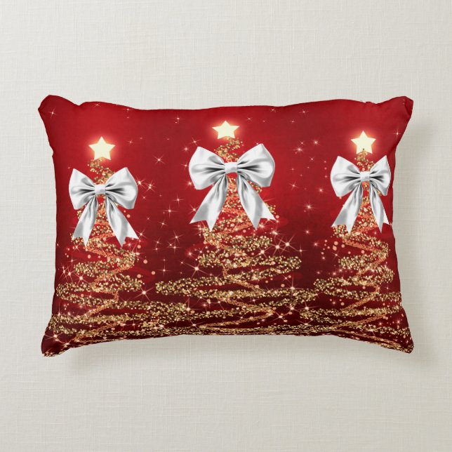 Coussins Décoratifs Christmas Sparkling Trees Red Gold Silver Bow  (Devant)