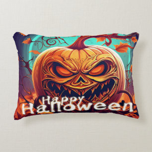 Coussins Décoratifs Citrouille orange effrayante avec visage, Hallowee
