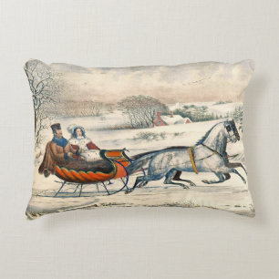 Coussins Décoratifs Classique 1853 Traîneau Currier Ives Route Hiver