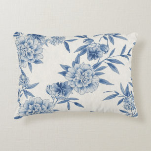 Coussins Décoratifs Classique motif toile fleurie bleue sur fond blanc