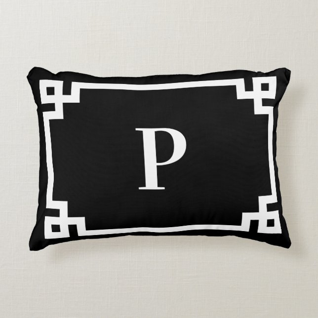 Coussins Décoratifs Clé grecque noire et blanche bordure monogramme (Devant)