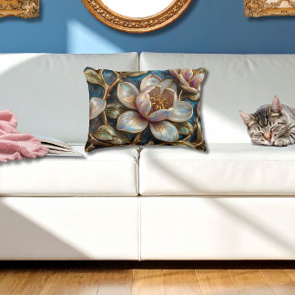 Coussins Décoratifs Cloisonné Magnolia Floral Blue Gold Quatrefoil