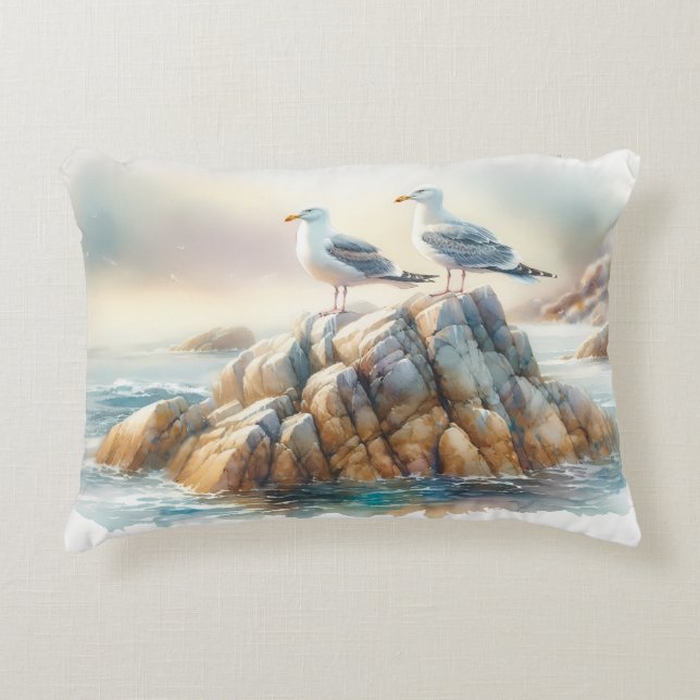 Coussins Décoratifs Coastal Seagulls Watercolor Seascape (Devant)