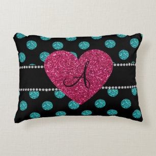 Coussins Décoratifs Coeur rose de pois de turquoise de monogramme