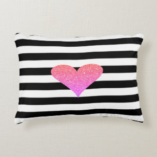 Coussins Décoratifs Cœurs Pailletés Faux Chic Rayures Noires et Blanch