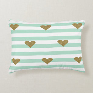Coussins Décoratifs Cœurs Pailletés Or Faux Chic Rayures Vert Menthe