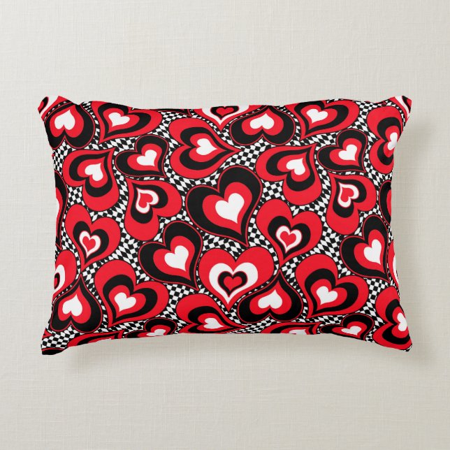 Coussins Décoratifs Coeurs, rouge, noir, blanc, Saint Valentin. (Devant)