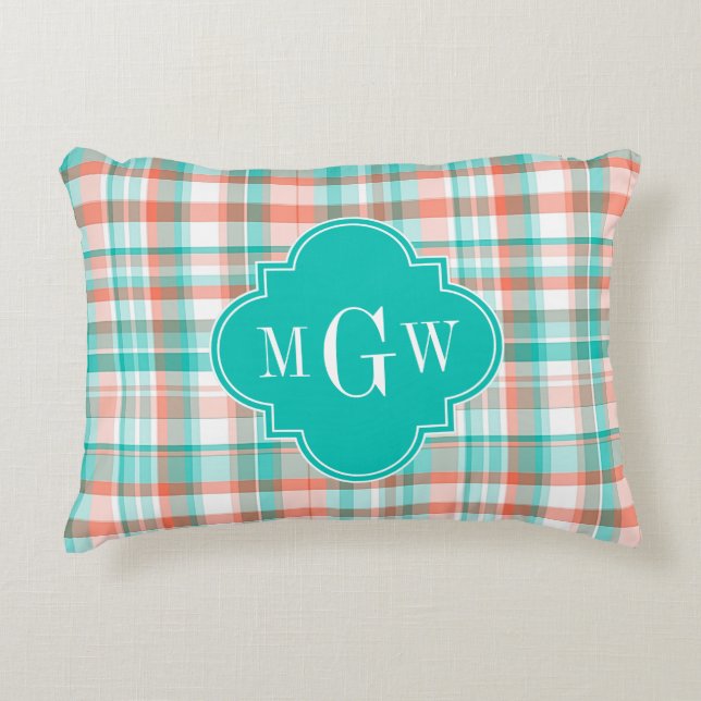 Coussins Décoratifs Corail sarcelle blanc Madras prépa Monogramme (Devant)