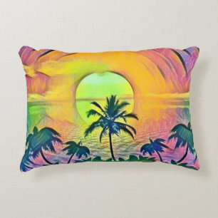 Coussins Décoratifs Coucher de soleil coloré à la plage Aquarelle pein