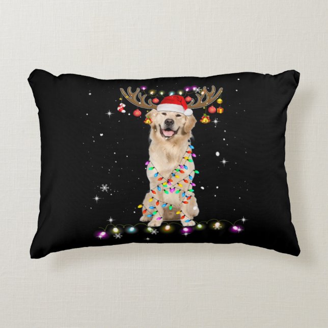 Coussins Décoratifs Cute Golden Retriever Christmas Lights Reindeer (Devant)