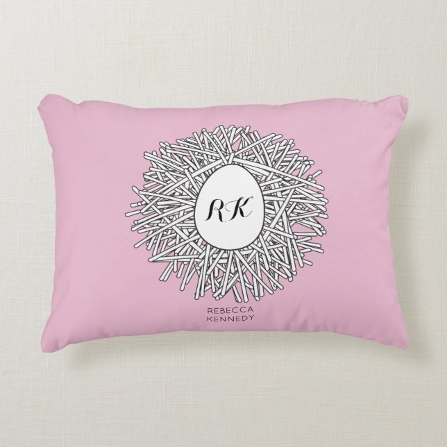 Coussins Décoratifs Cute Nid & Oeuf Initiales et nom personnalisés ros (Devant)