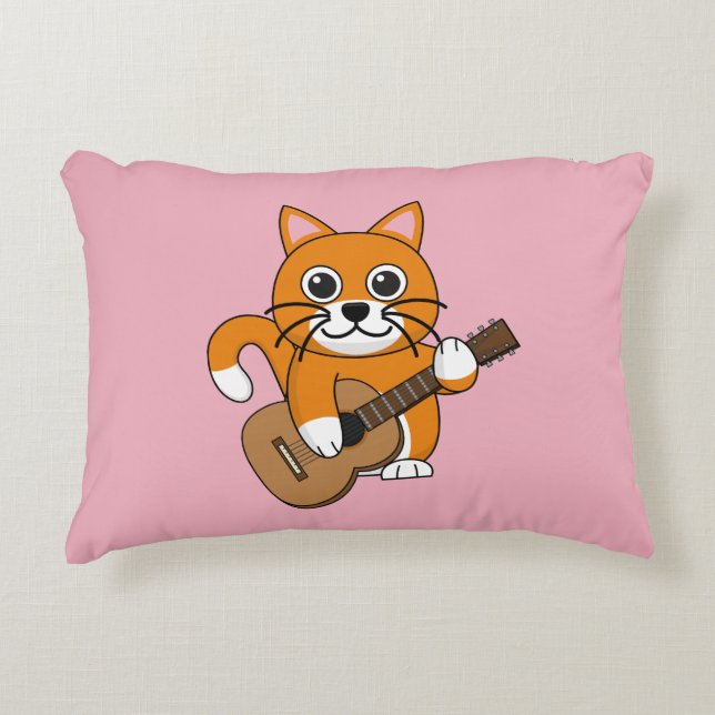 Coussins Décoratifs Cute Orange Chat Blanc Jouer Caricature Guitare (Devant)