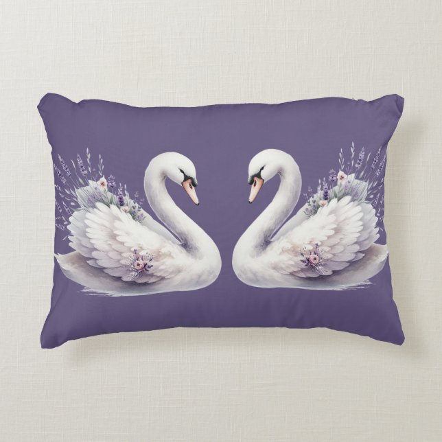Coussins Décoratifs Cygne aquarelle avec fleurs de lavande (Devant)