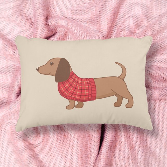 Coussins Décoratifs Dachshund Wiener Dog Sweat rouge plaid sur le beig (Créateur téléchargé)
