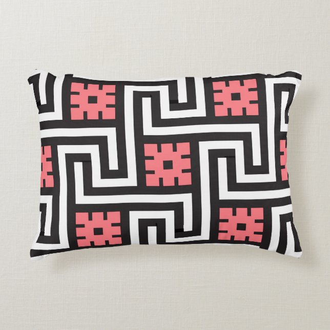 Coussins Décoratifs Déco clé grecque, noir, blanc et corail rose (Devant)