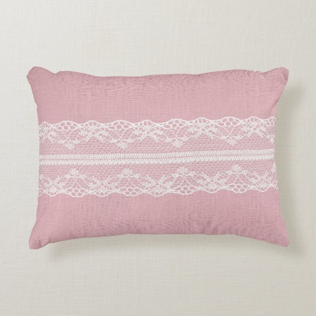 Coussins Décoratifs Dentelle blanche sur Pastel Lin rose Texture (Devant)