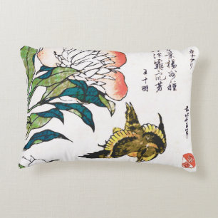 Coussins Décoratifs Dessin japonais vintage, Pivoines et Moineau