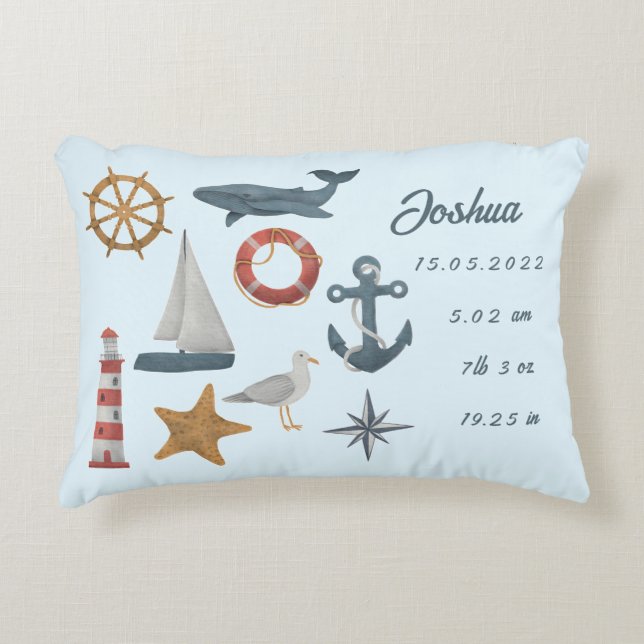 Coussins Décoratifs Détails personnalisés de naissance de bébé marine  (Devant)
