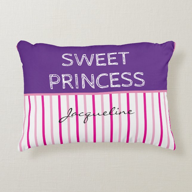Coussins Décoratifs Douce Princesse Violet Rose Blanc Rayures Nom (Devant)